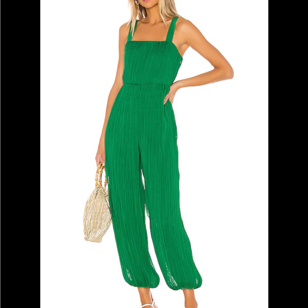 House of Harlow green pleated jumpsuit.